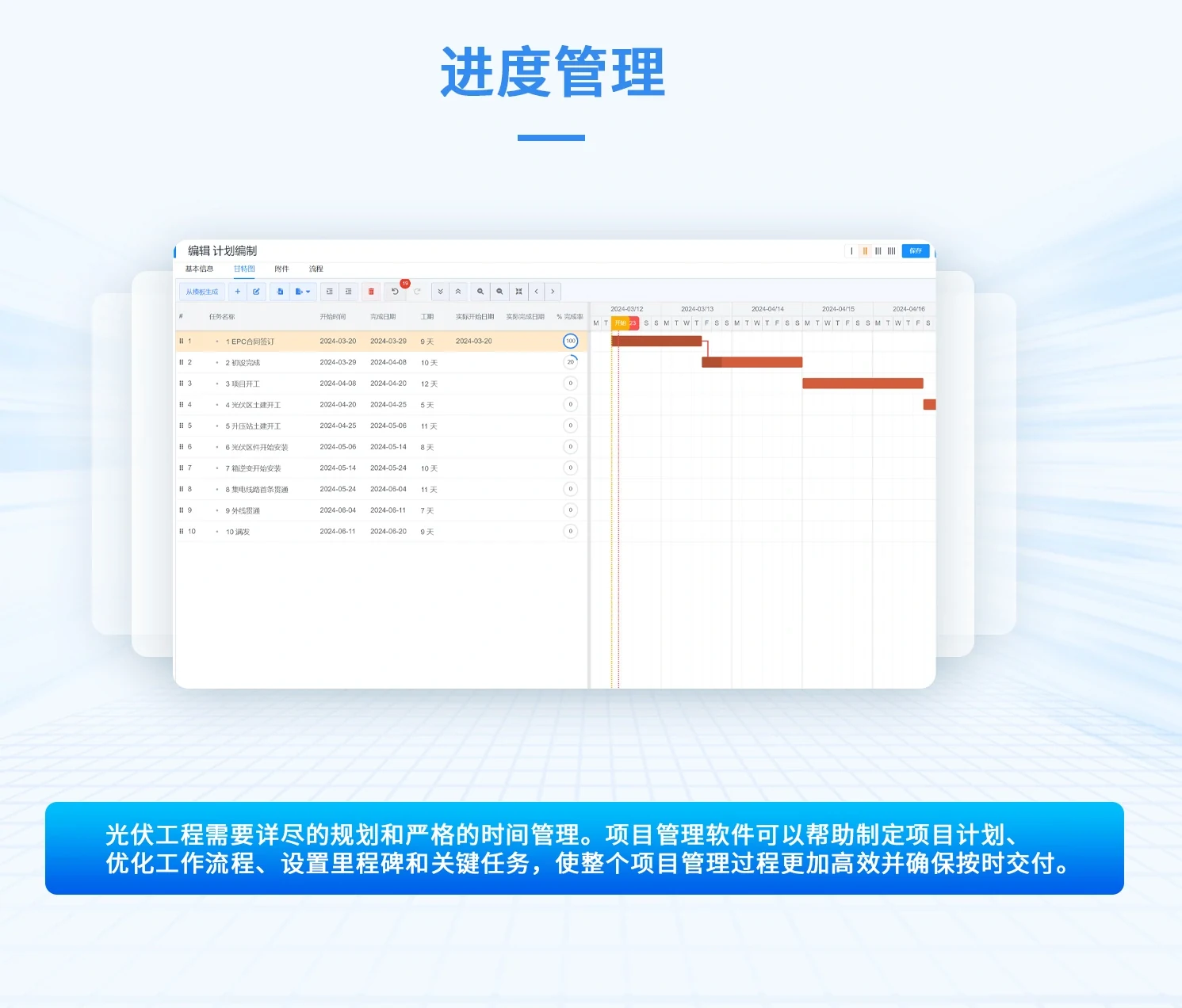 光伏电站 EPC 进度计划:系统内以任务清单加甘特图的方式排布十个关键节点——EPC 合同签订、初设完成、项目开工、光伏区土建开工、升压站土建开工、光伏区组件开始安装、箱变开始安装、集电线路首基贯通、外线贯通、满发